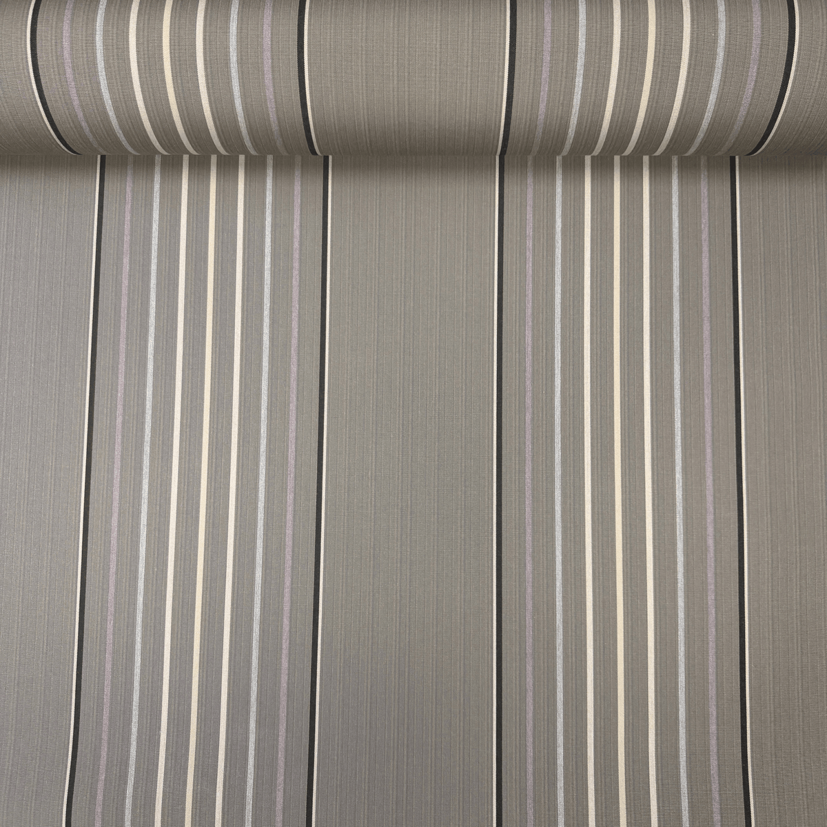 A close-up of a striped canvas pattern with vertical lines in beige, white, and gray on a taupe-gray background.
